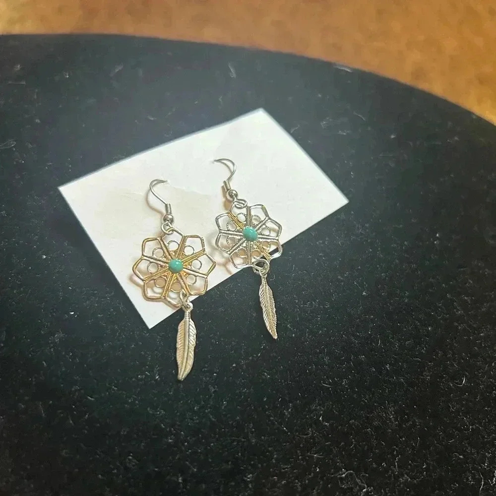 Dangling silver earrings with feather